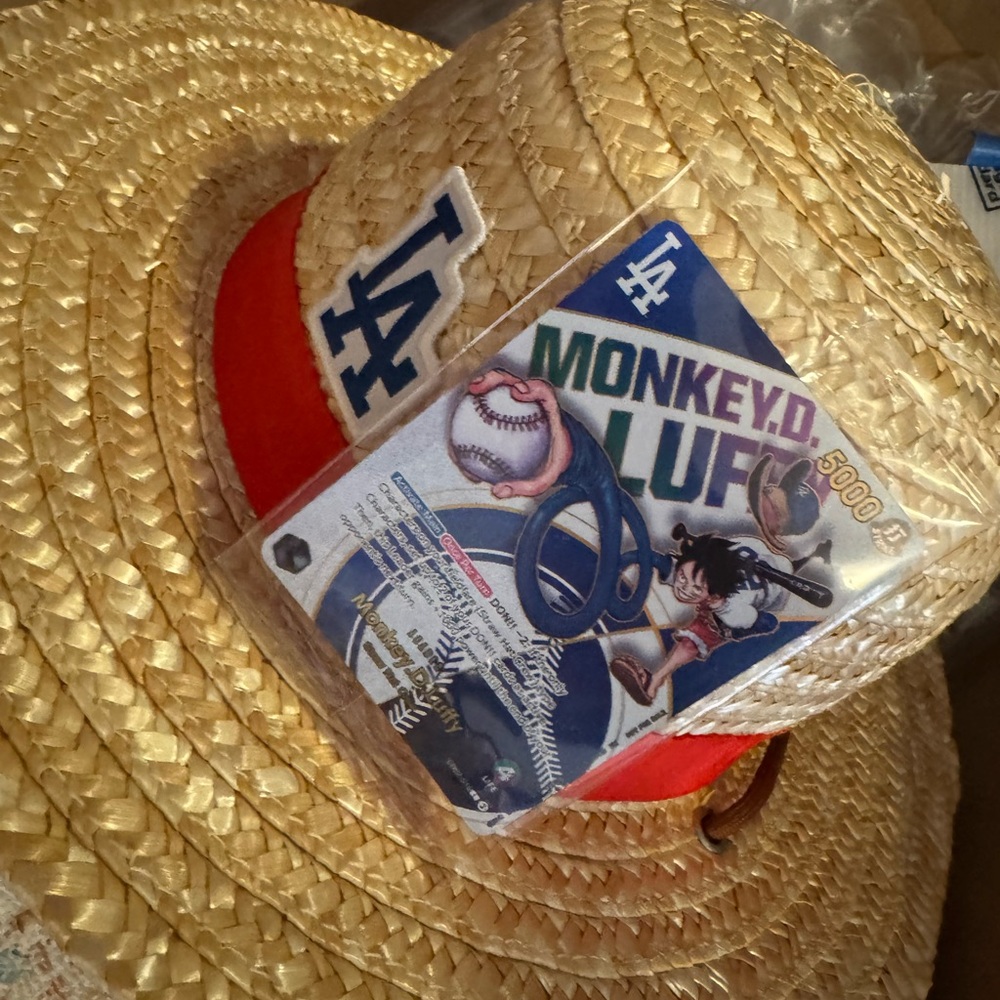 Monkey. D. Luffy x Dodger Straw Hat with Red Band and LA Logo with trading card.